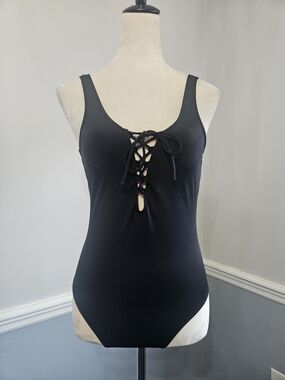 Victorias Secret PINK Swimsuit Large L Black Lace Up One Piece Bathing Suit
